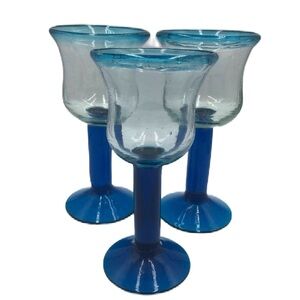 Vintage Sea Blue Handblown Pedestal Goblets Glasses Set of 3 Bell Shape Top